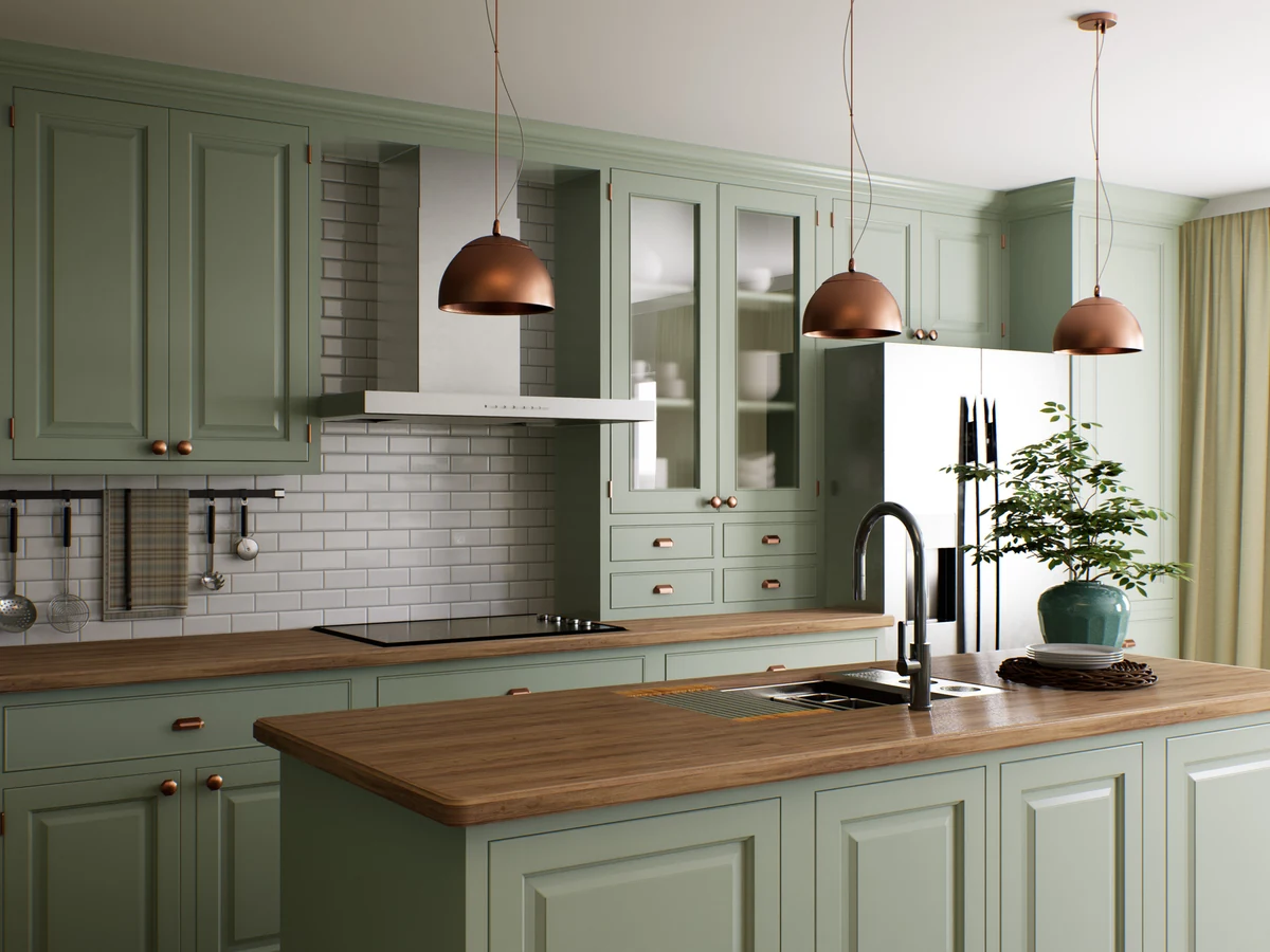 Sage green shaker kitchen cabinets painted by Cotswolds Decorators